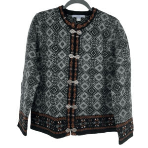 Vintage Caroll Reed Cardigan Sweater Fair Isle Wool Metal Frog Clasp Nordic
